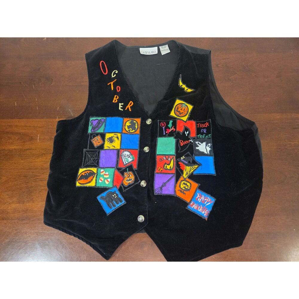 Casey & Max Halloween Vest Black Velvet Embroidered October Theme Size L